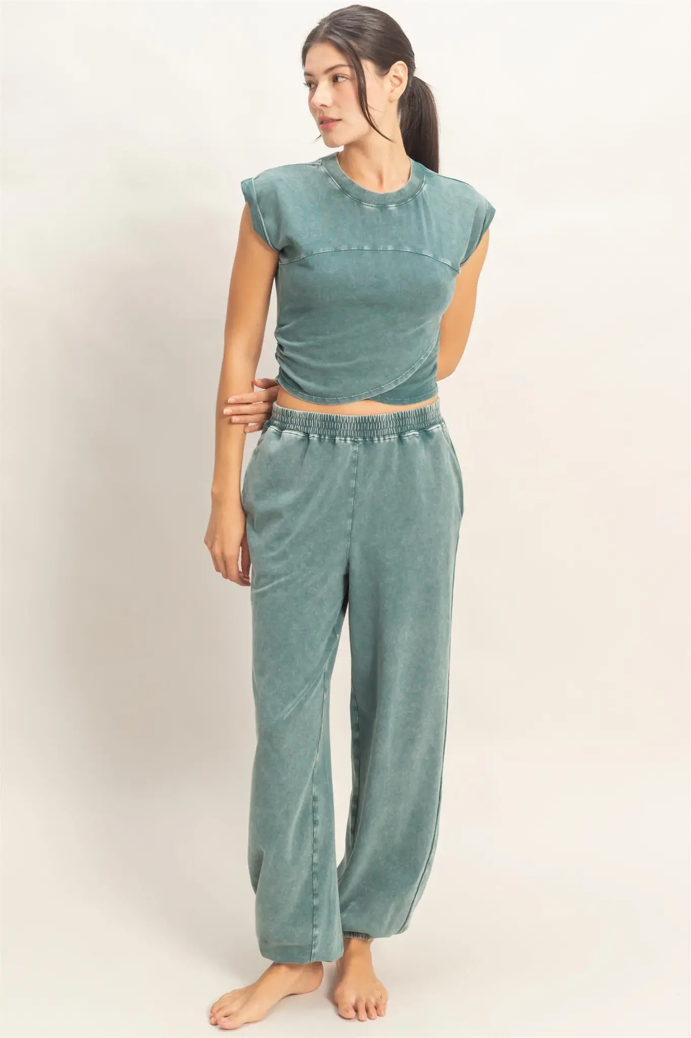 Double Zero Rolled Sleeve Wrap-Front Crop Top and Jogger Set