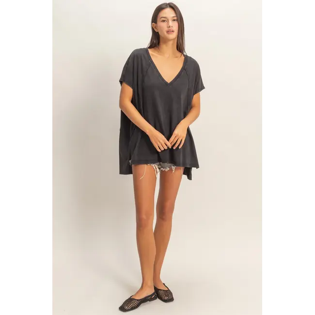 Double Zero Double Zero Mineral Wash Loose Fit V Neck Top (DZ26A585)