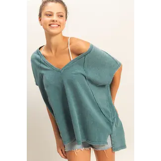 Double Zero Double Zero Mineral Wash Loose Fit V Neck Top (DZ26A585)