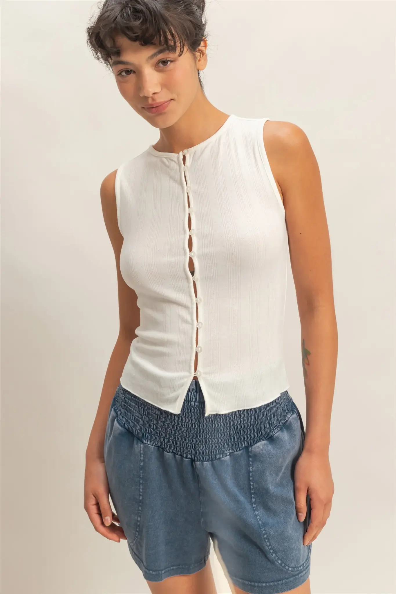 トップス D Double Zero Button Down Ribbed Tank Top (DZ26A759) - Creations