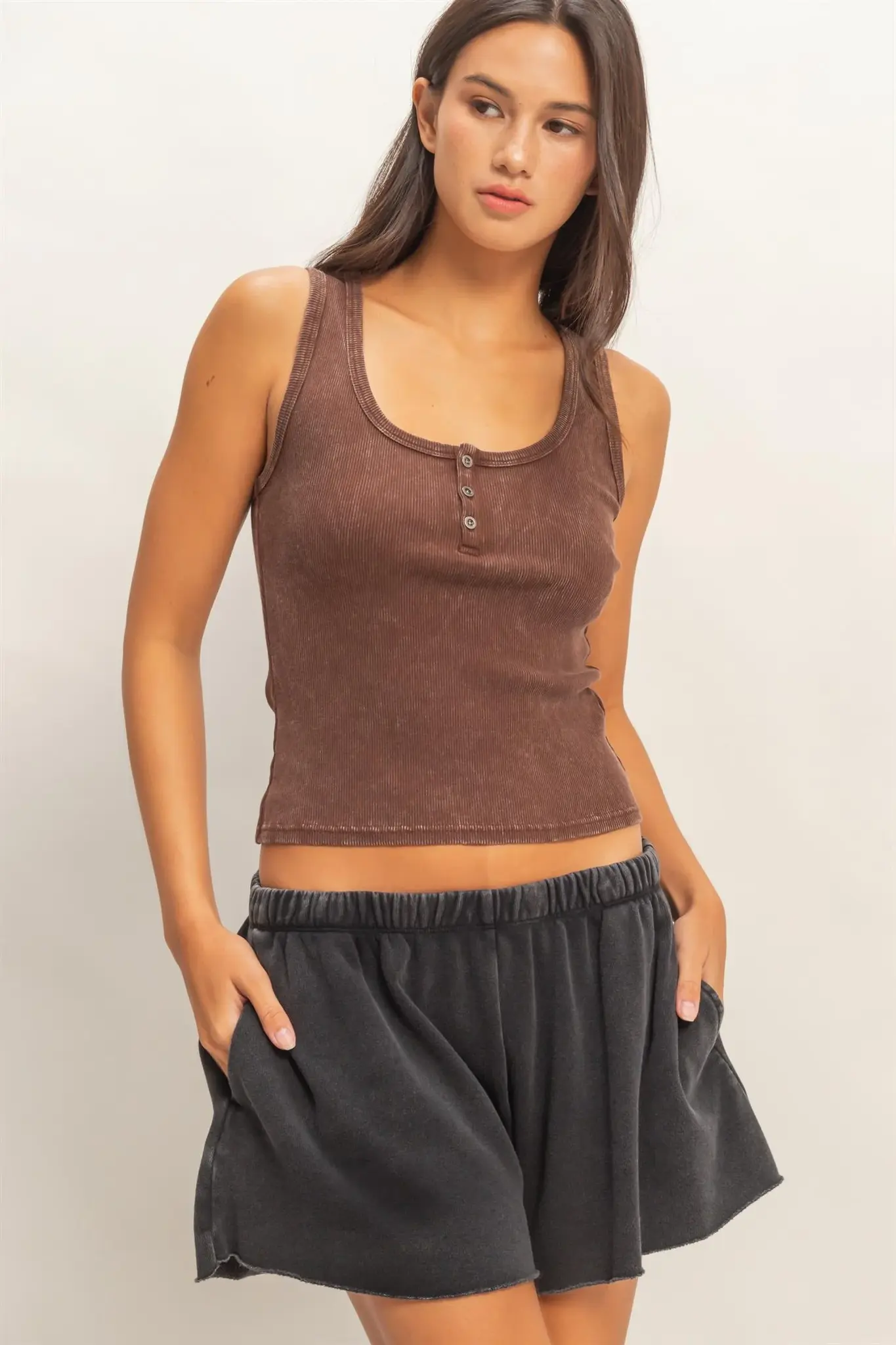 Double Zero Acid-Washed Ribbed Henley Tank (DZ26C661) - Creations