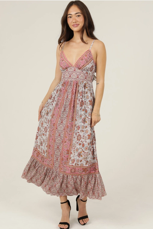 Angie Smocked Waist Tie Back Dress w Crochet Detail (C4J57