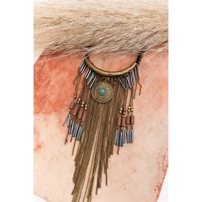 Leto Antique Gold Turquoise Fringe Necklace YJN-7120