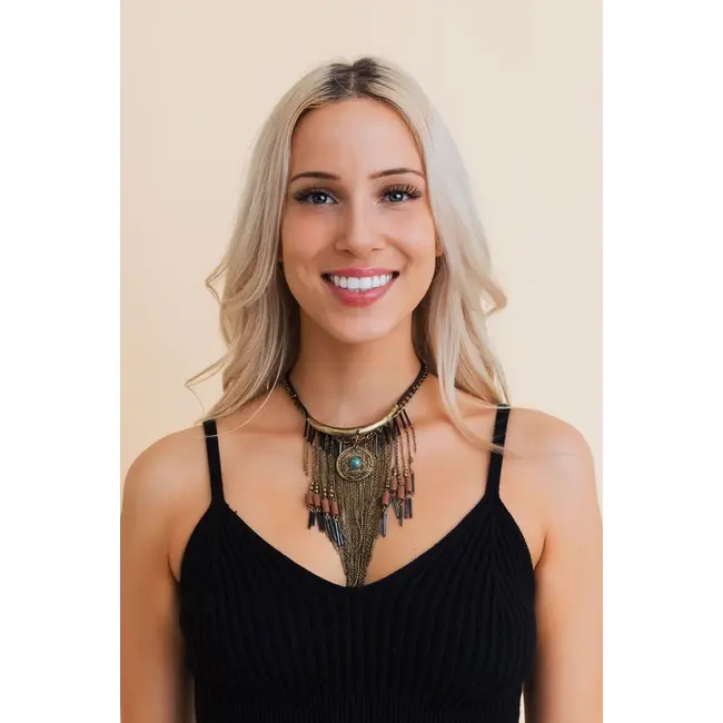 Leto Antique Gold Turquoise Fringe Necklace YJN-7120