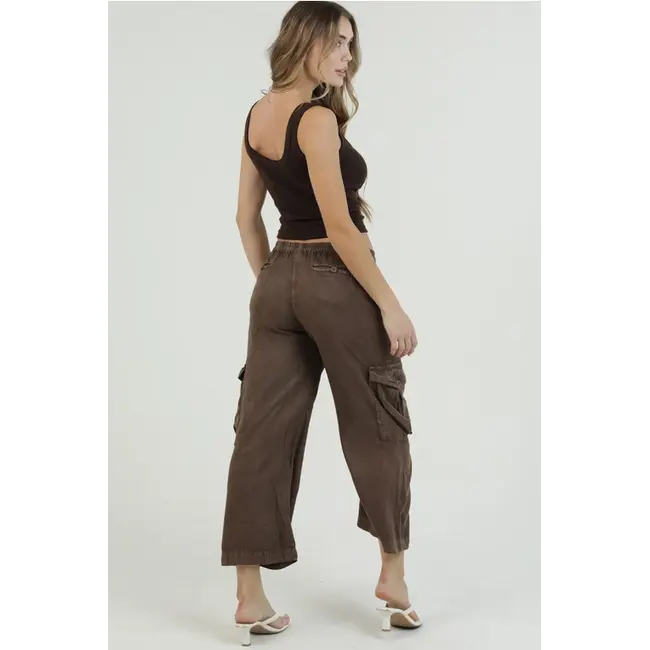 Angie Acid Wash Tie Waist Cargo Pant(H3540)
