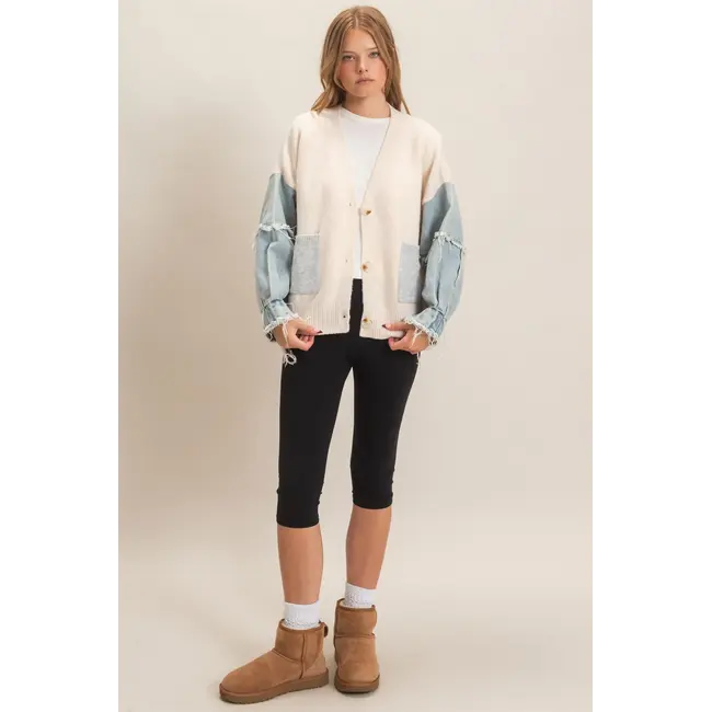 HYFVE V-Neck Cardigan with Distressed Denim Sleeves (HF26E838)