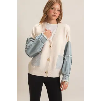 Hyfve HYFVE V-Neck Cardigan with Distressed Denim Sleeves (HF26E838)