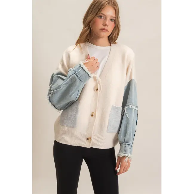 HYFVE V-Neck Cardigan with Distressed Denim Sleeves (HF26E838)