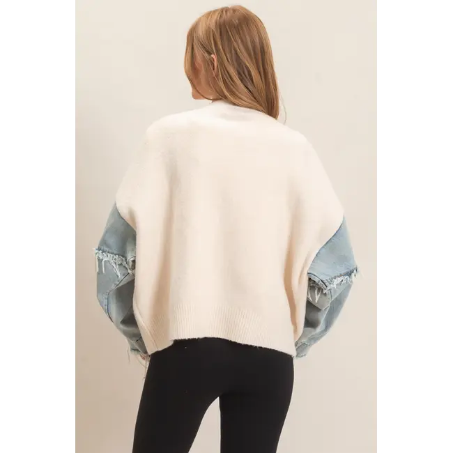 HYFVE V-Neck Cardigan with Distressed Denim Sleeves (HF26E838)