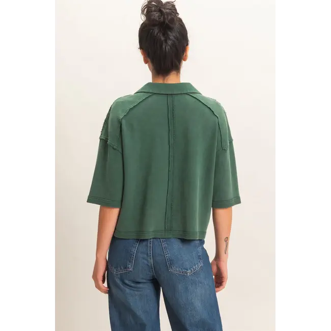 Double Zero Mineral Wash Oversized Collar Short Sleeve Top (DZ26E813)