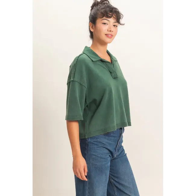 Double Zero Mineral Wash Oversized Collar Short Sleeve Top (DZ26E813)
