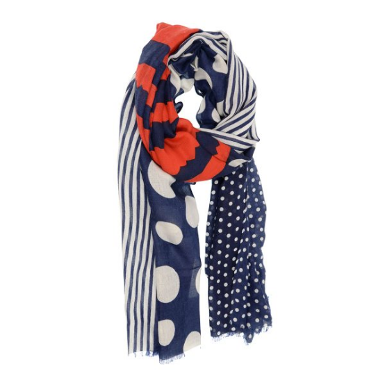 Red, White, Navy Dots & Stripes Scarf