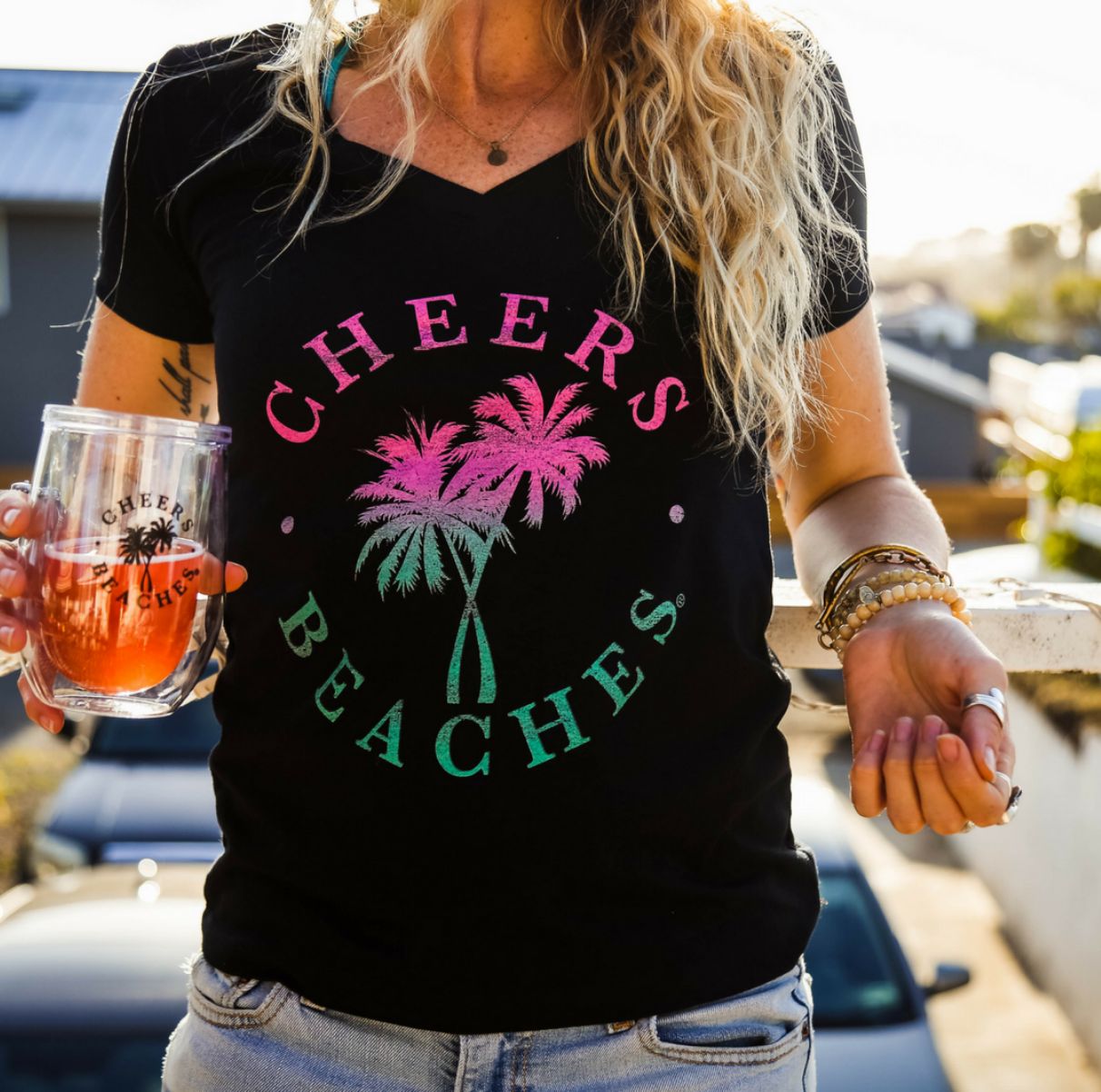 Cheers Beaches Cheers Beaches Distressed Palm Tree V-Neck
