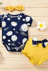 Baby Girl 3pcs Floral Print Romper & Headband & Shorts