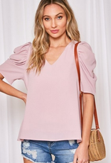 V NECK SOLID PUFF SLEEVES TOP