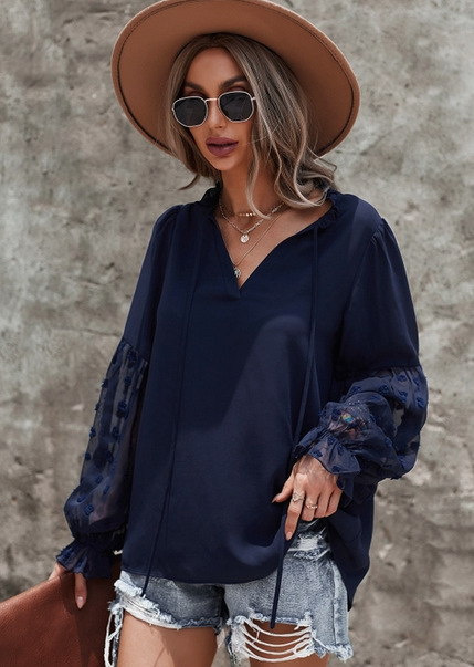ePretty TIE NECK LACE SLEEVE BLOUSE- NAVY