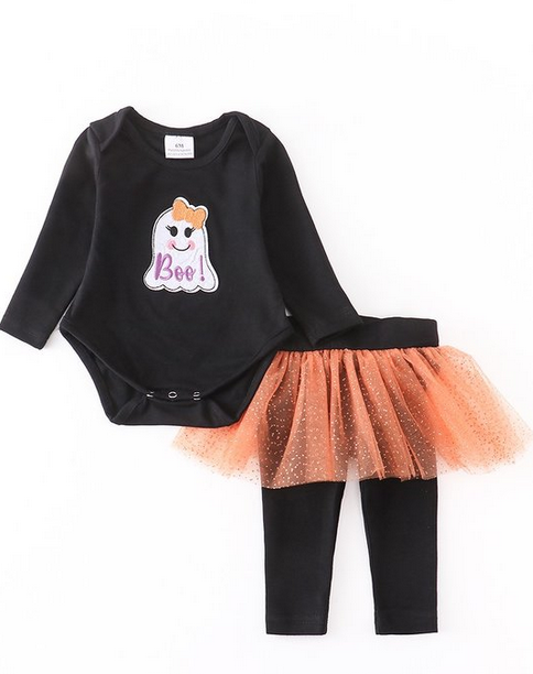 Black Boo Applique Orange Tutu Baby Set