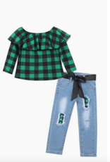Honeydew kids clothing GREEN BLACK PLAID DENIM SET
