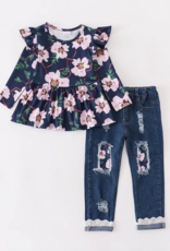 Honeydew kids clothing NAVY FLORAL SHIRT AND JEANS SET