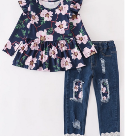 NAVY FLORAL SHIRT AND JEANS SET
