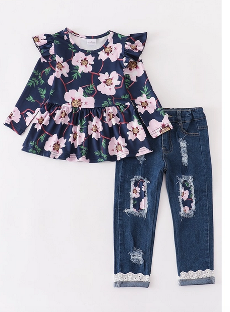 Honeydew kids clothing NAVY FLORAL SHIRT AND JEANS SET