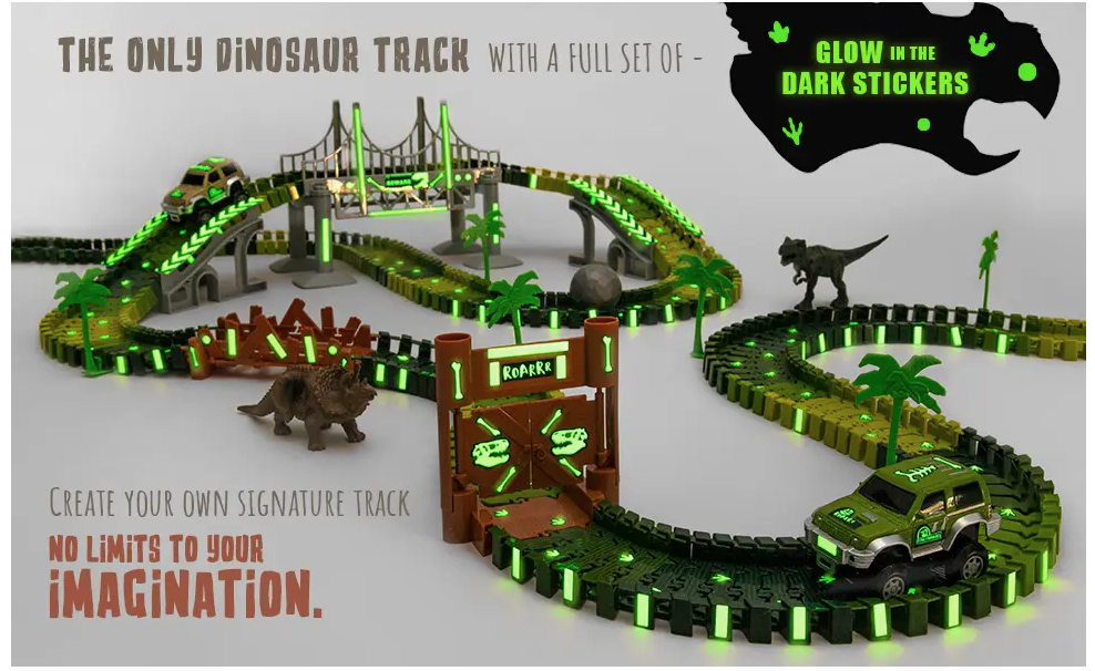 JitteryGit Dino's Journey - Dinosaur Glow In The Dark Toy Track Set
