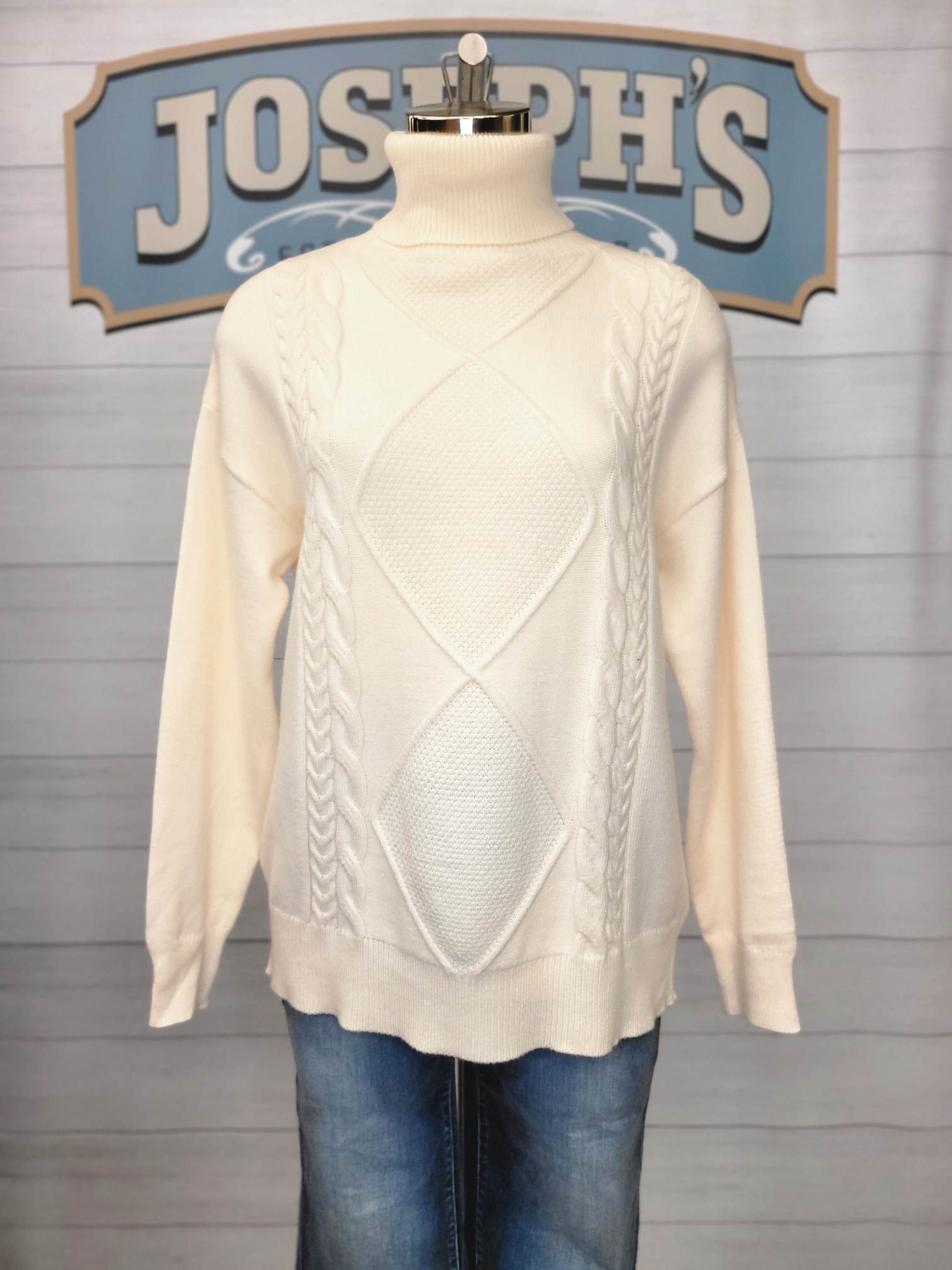 Cable Knit Turtle Neck Sweater, Ivory