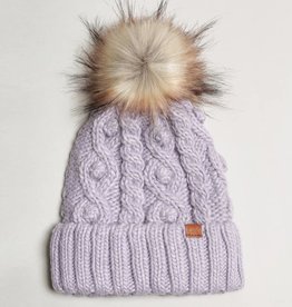 Fashion City Popcorn Trim Knit Beanie w Faux Fur Pom, Lavendar