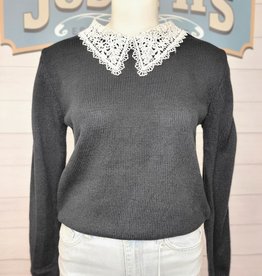 Lace Neckline Pullover Sweater, Black/White