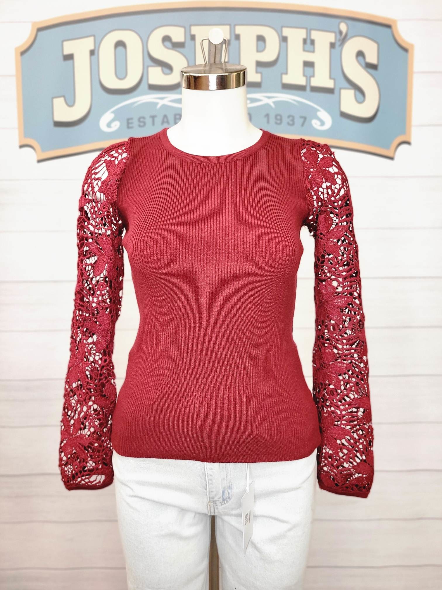 Hollow Flower Lace Sleeve Sweater, Burgundy