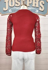 Hollow Flower Lace Sleeve Sweater, Burgundy