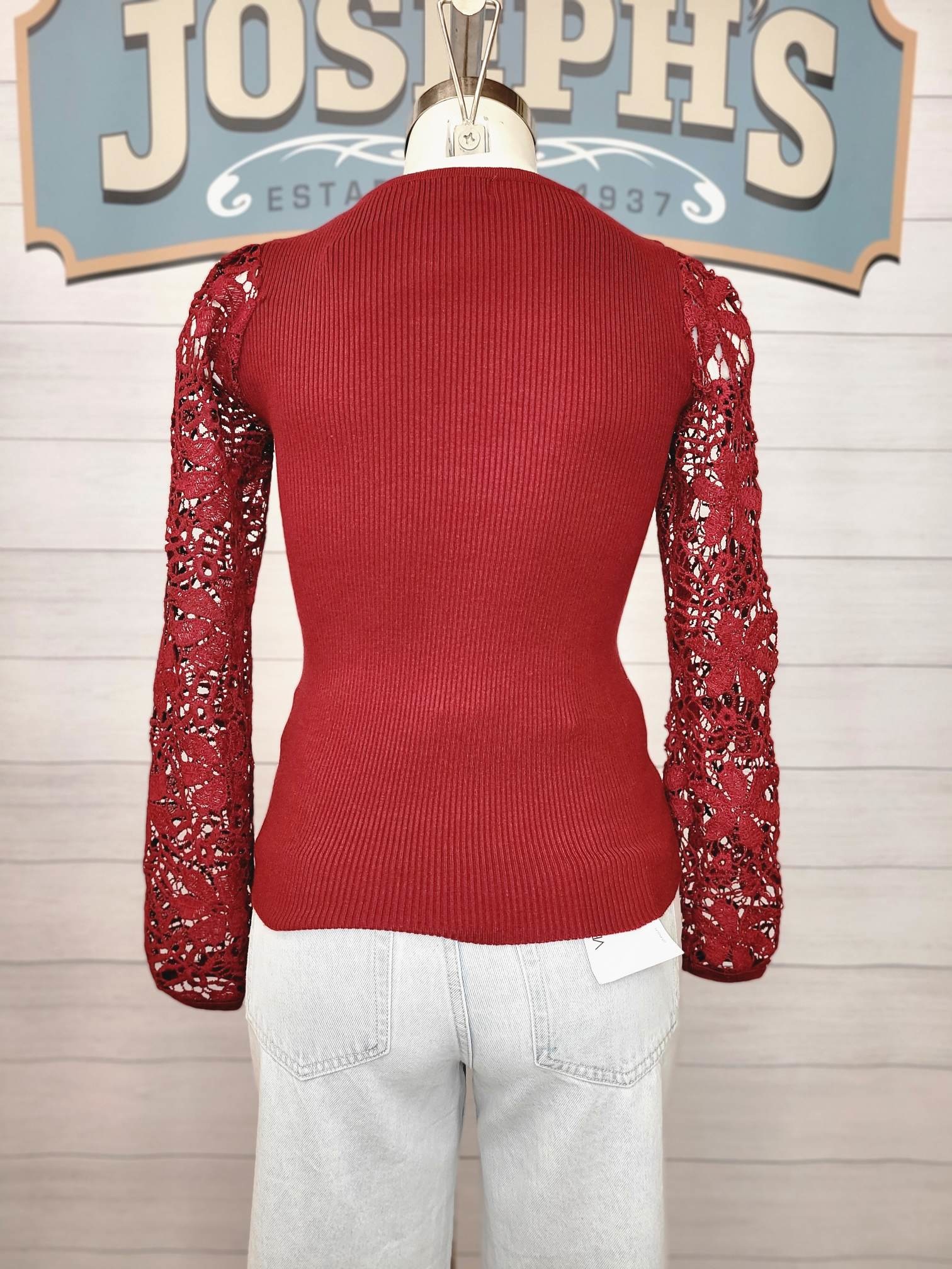 Hollow Flower Lace Sleeve Sweater, Burgundy