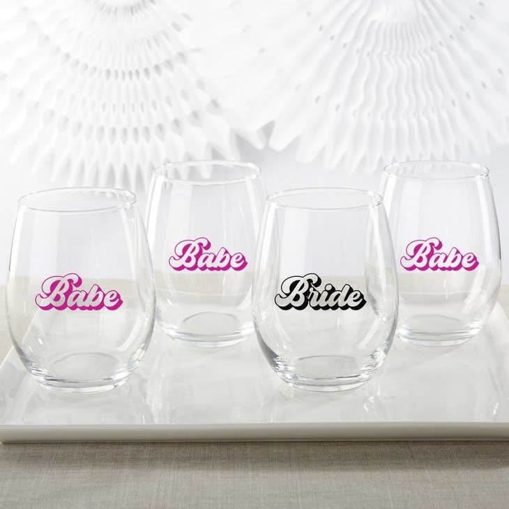 Kate Aspen 15 oz. Stemless Wine Glass - Retro Bride & Babe (Set of 4)