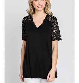 V NECK SOLID AND LACE TOP,  BLACK