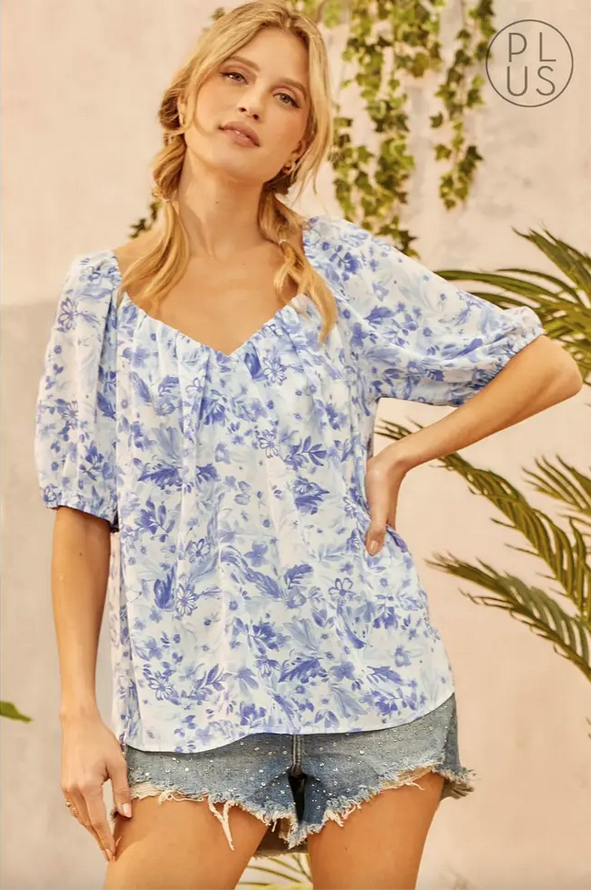 Short Puff Sleeve Blouse, Cashmere Blue