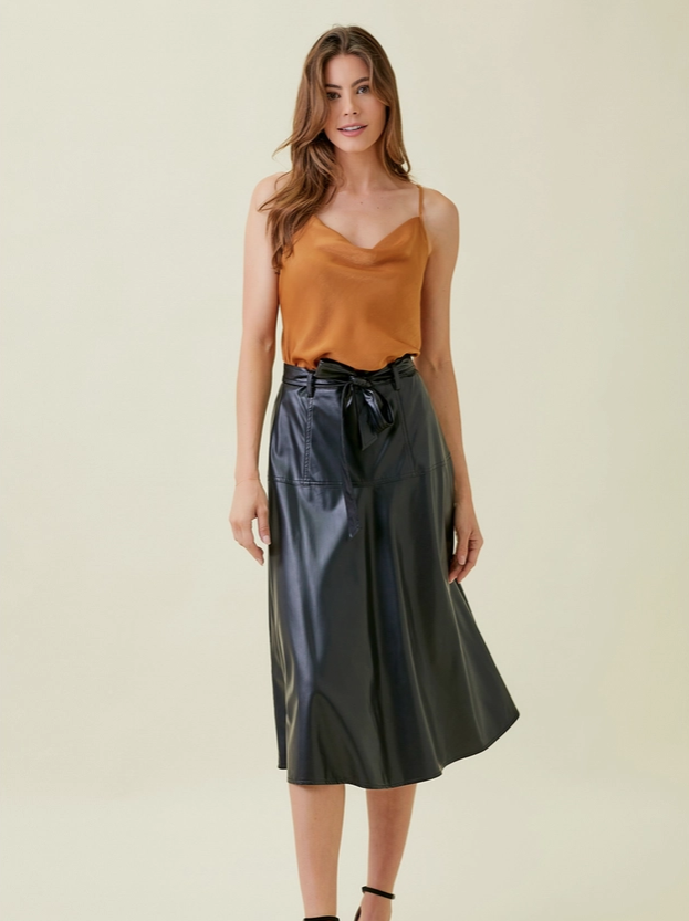 Mystree Leather Midi Flare Skirt, Black