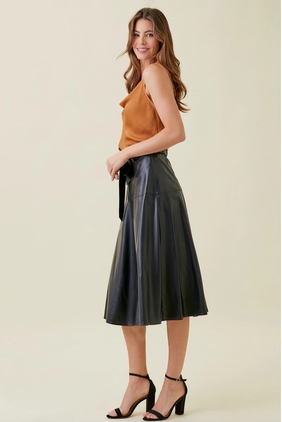 Mystree Leather Midi Flare Skirt, Black