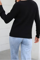 Ribbed Knit Braided V Neck Sweater, Black