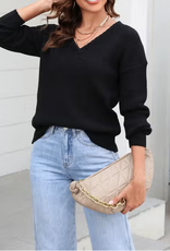 Ribbed Knit Braided V Neck Sweater, Black