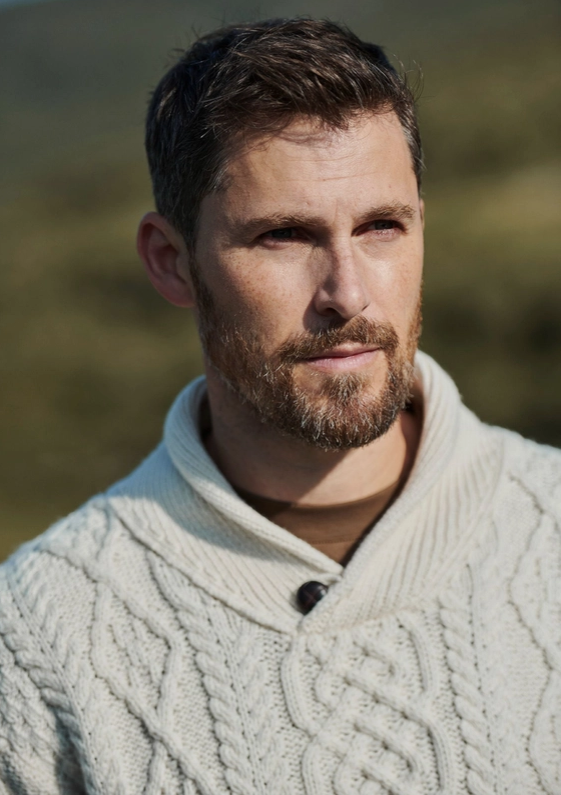 Aran Woollen Mills Pontoon Mens Shawl Neck Aran Sweater, Cream