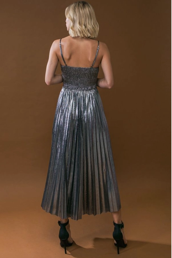 Foiled Woven Midi Dress, Silver