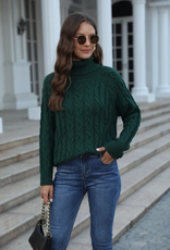 Cable Knit Turtleneck Sweater, Dk Green