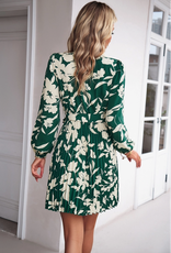 Floral Mockneck Belted Pleated Long Sleeve Dress, Green
