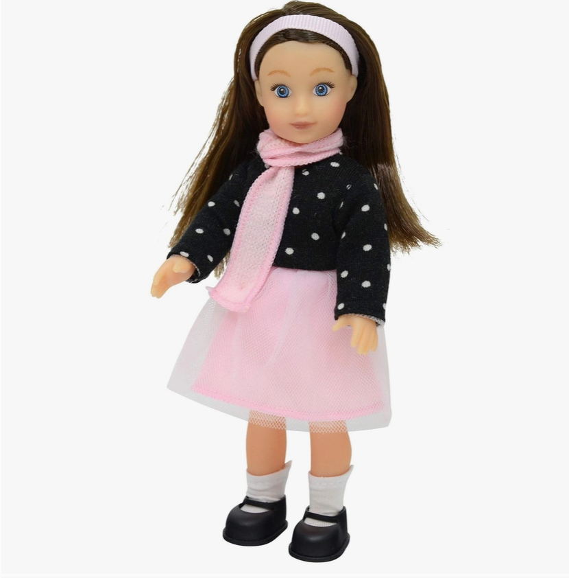 The New York Doll Company 6.5" Mini Posable Doll-Polka Dot Top with Pink Skirt