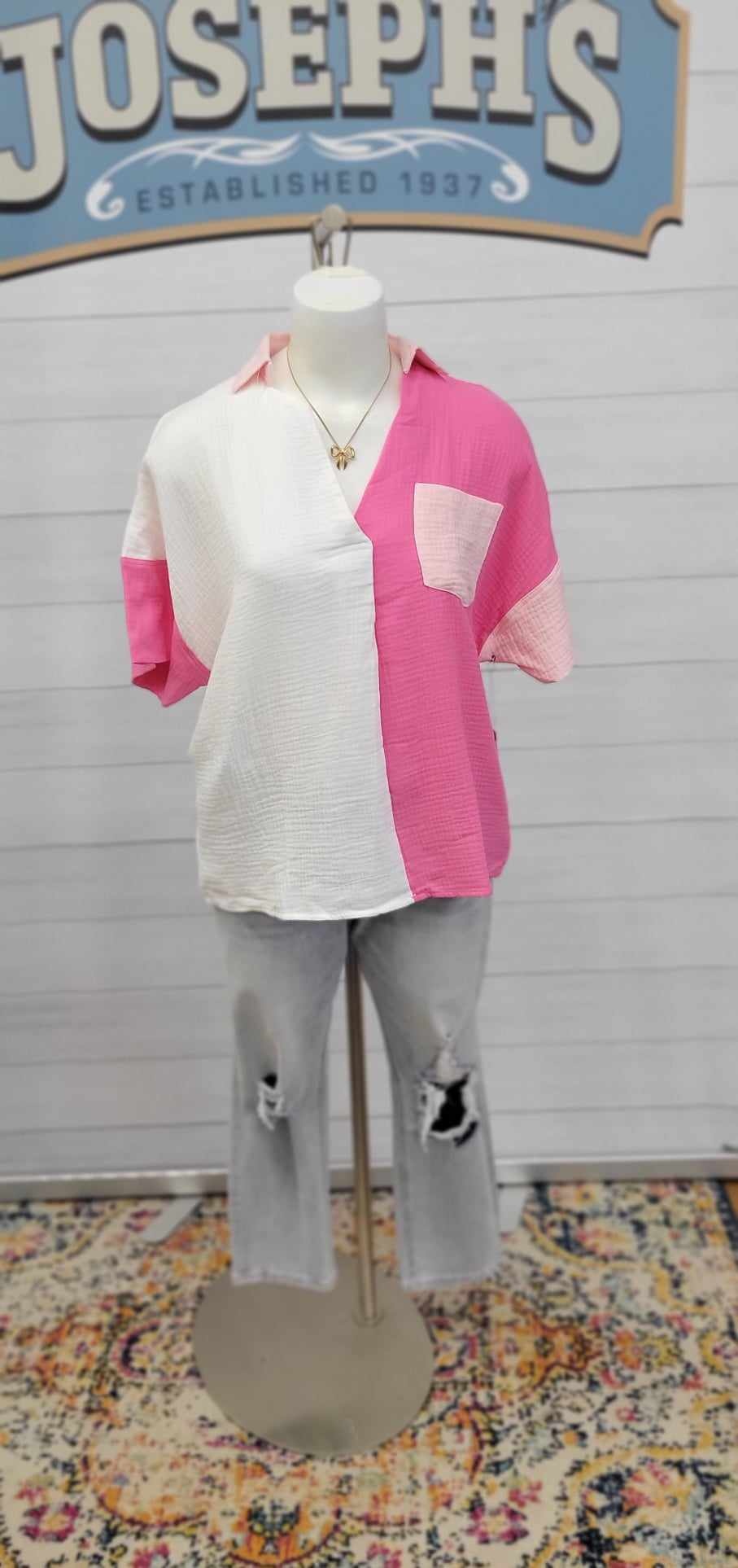 Thomas and Co. Pink/White Colorblock Top