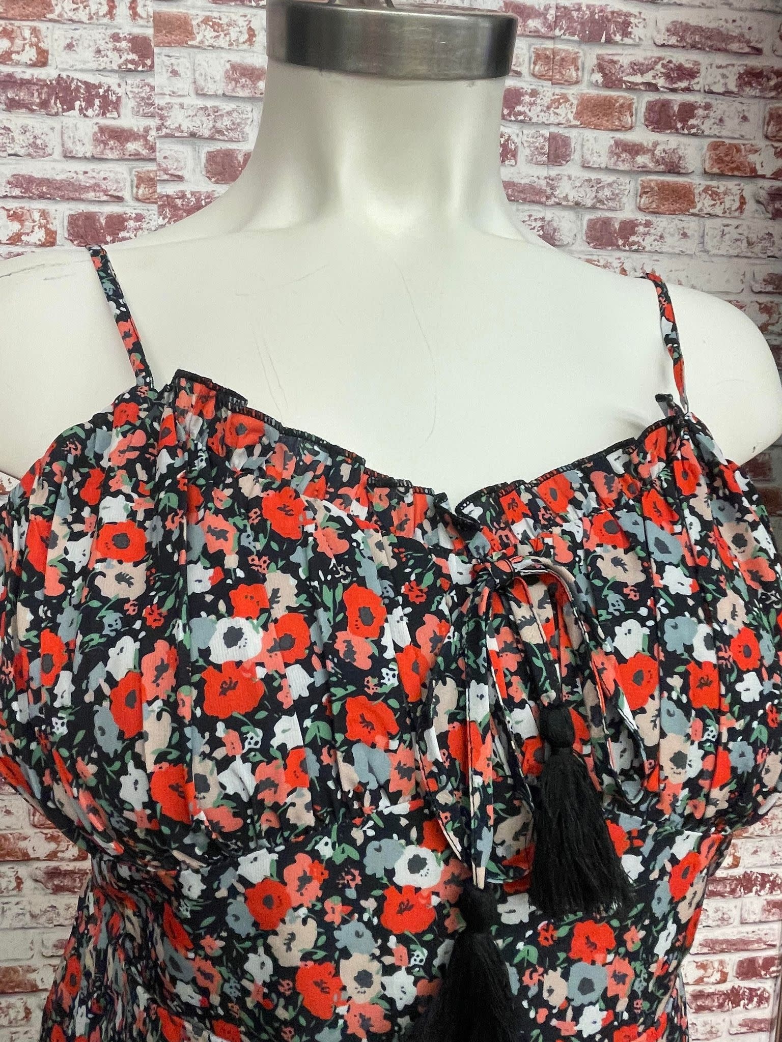 Black/Red Floral Print Dress W/ Pom Detail, 1XL