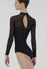 Wear Moi MERINGUE-High Neck Long-Sleeve Leotard Back Opening Flocked Velour Tulle-BLACK