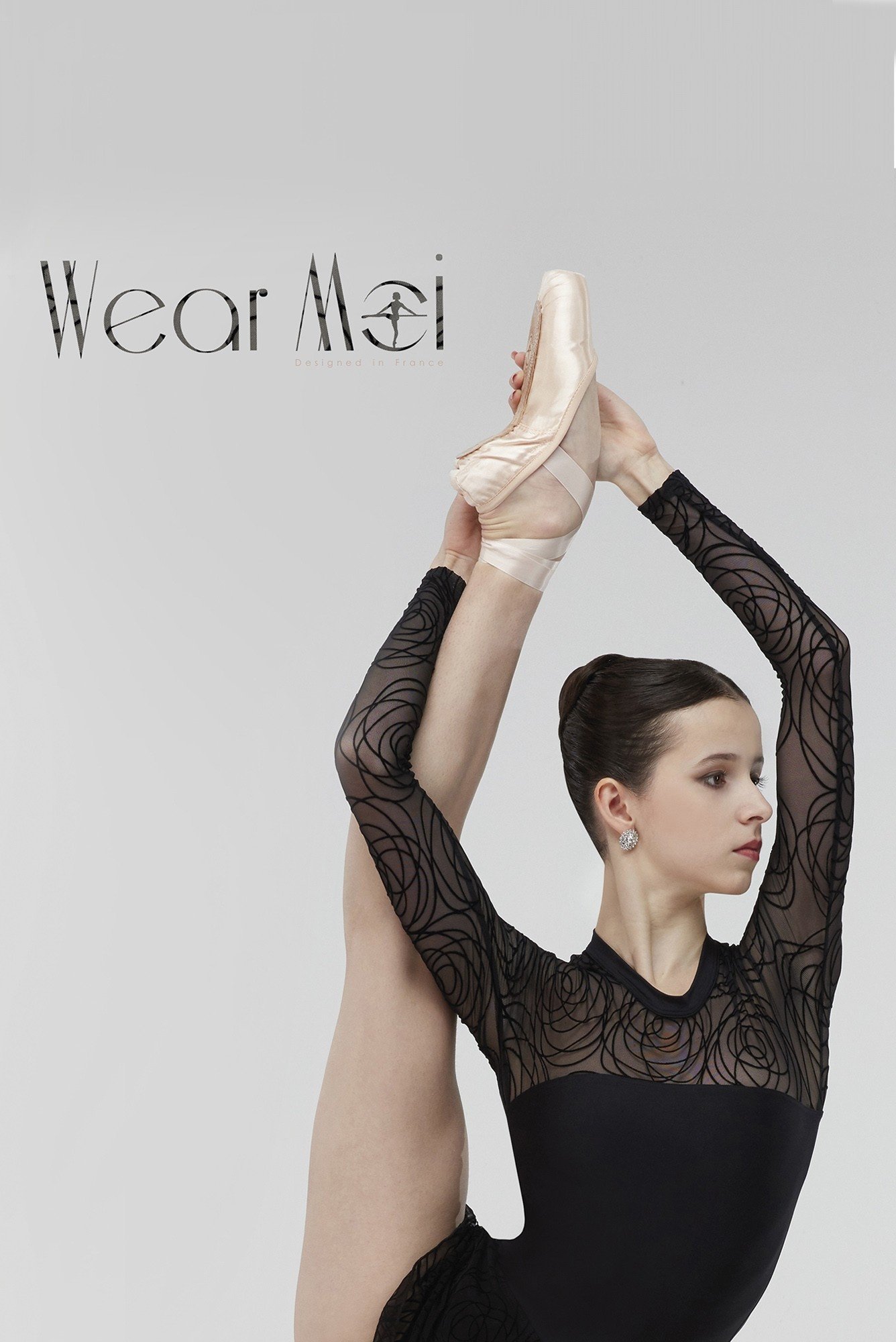 Wear Moi MERINGUE-High Neck Long-Sleeve Leotard Back Opening Flocked Velour Tulle-BLACK