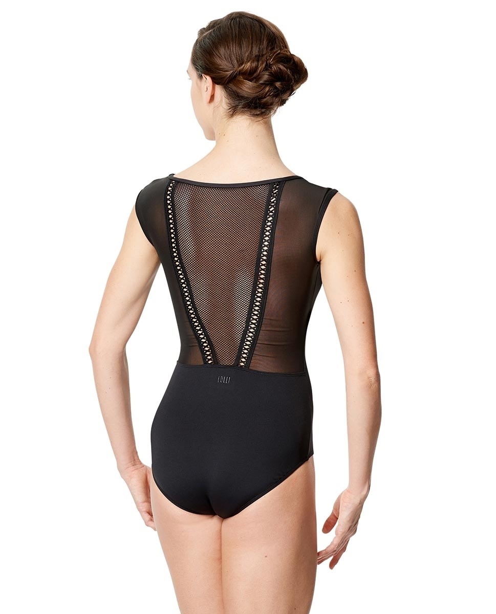 Lulli Dancewear LUF593-Priscila Mesh Cap Sleeve Dance Leotard-BLACK-LARGE