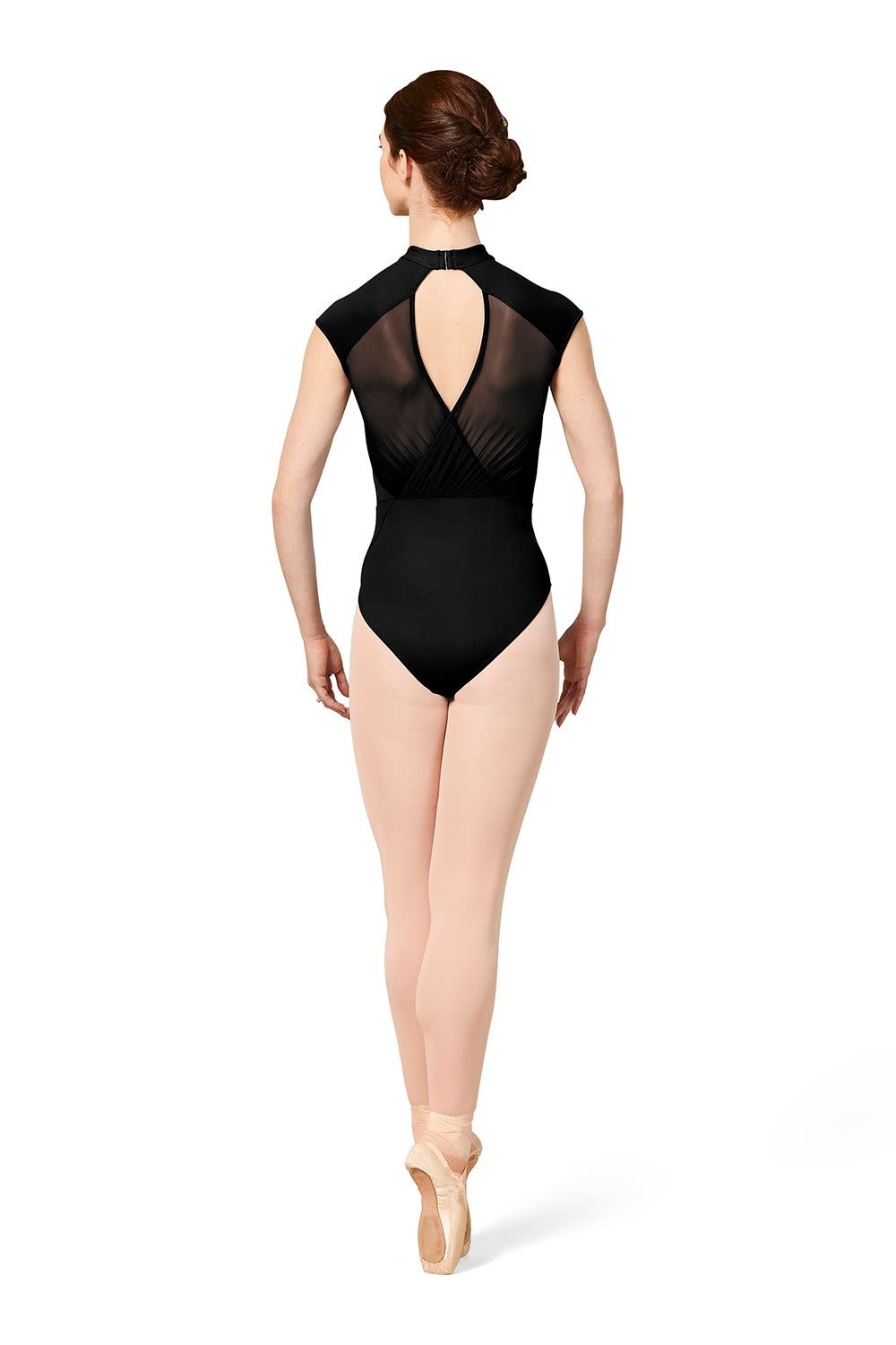 Mirella M5091LM-High Neck Gathered mesh Cap Sleeve Leotard-BLACK-LARGE